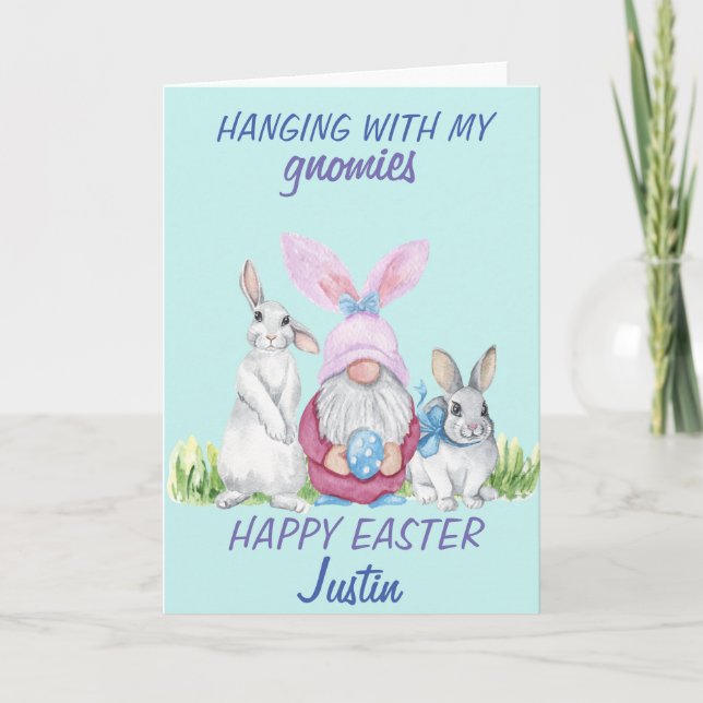 Gnome Bunny Happy Easter Personalised name Card (Front)