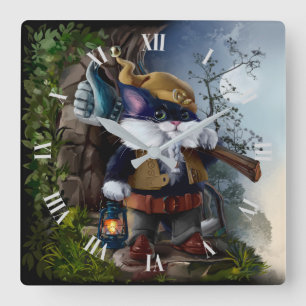 Gnome cat with sledgehammer and lamp goes to work square wall clock