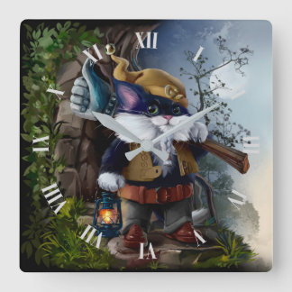 Gnome cat with sledgehammer and lamp goes to work	 square wall clock