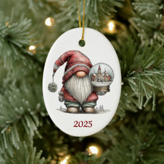 Gnome Ceramic Oval Christmas Ornament