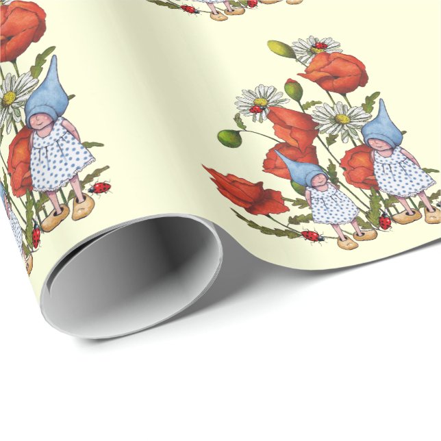 Gnome Children, Poppies, Ladybugs, Fantasy Art Wrapping Paper (Roll Corner)