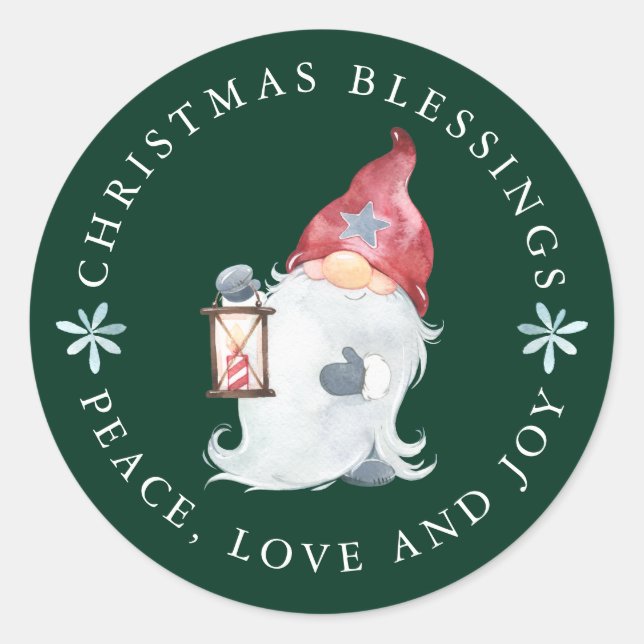 Gnome Christmas Blessings Peace Love Joy  Classic Round Sticker (Front)