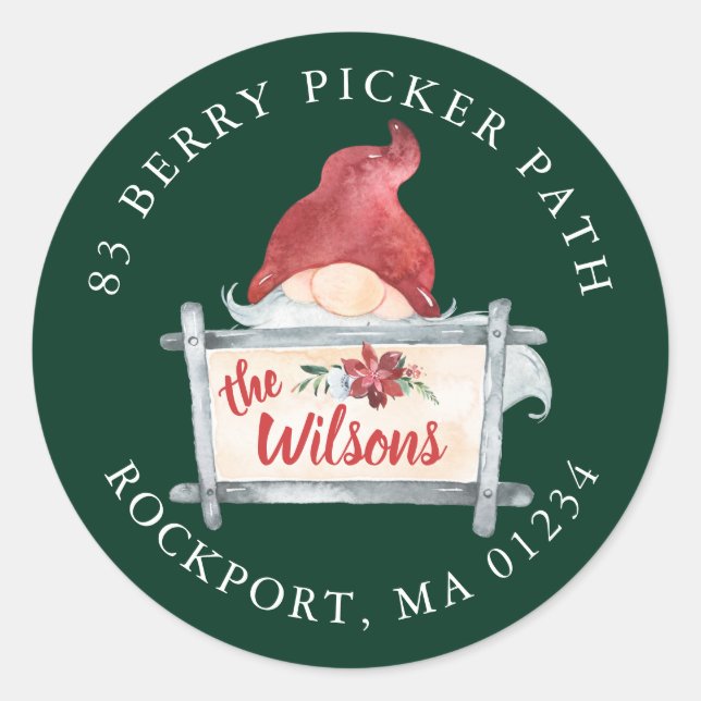 Gnome Christmas Round Return Address Label (Front)