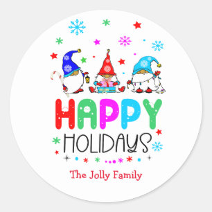 Gnome Colourful Cute Happy Holidays Christmas   Classic Round Sticker