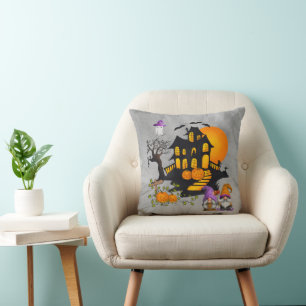 Gnome Couple JackO'Lanterns Haunted House Cushion