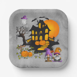 Gnome Couple Whimsical Haunted House Paper Plate