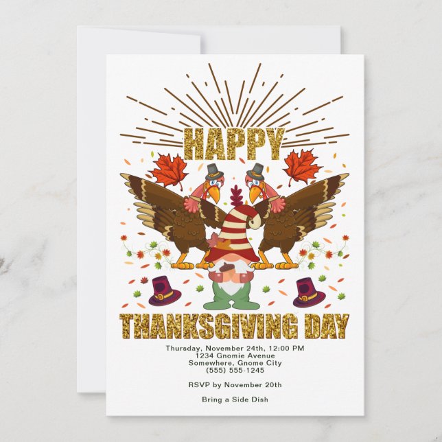 Gnome Dabbing Turkeys Thanksgiving Day Invitation (Front)