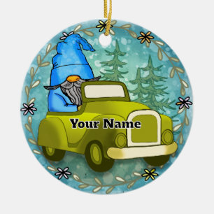 Gnome driving car ceramic tree decoration