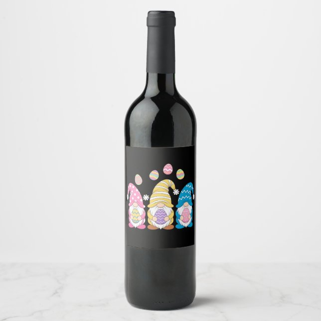 Gnome Easter Colourful Cute Eggs Spring Holiday Wine Label (Front)