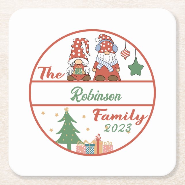 Gnome Family Christmas Square Paper Coaster (Front)