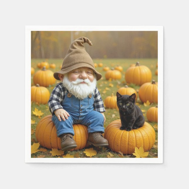 Gnome Farmer and Black Kitten On Pumpkins Napkin (Front)