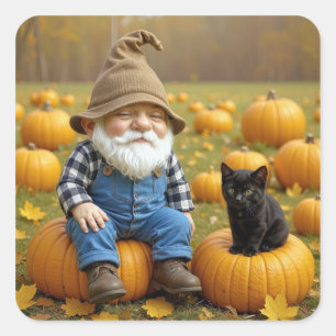 Gnome Farmer and Black Kitten On Pumpkins Square Sticker