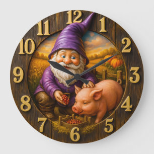 Gnome Feeding Pig in Autumn Farm Scene Large Clock