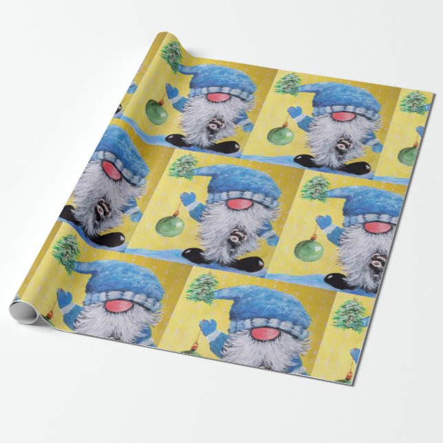 Gnome & ferret Christmas wrapping paper (Unrolled)