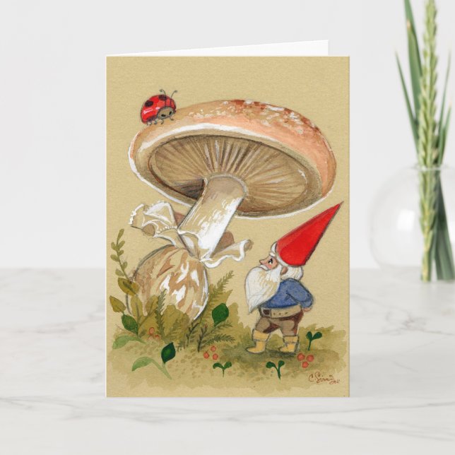 Gnome find a Ladybug and Mushroom Card (Front)