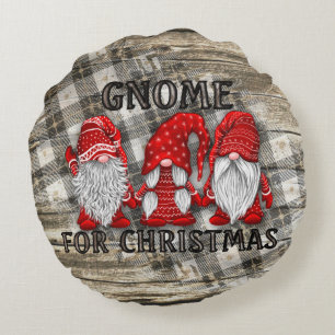 Gnome For Christmas Plaid Rustic Country Farmhouse Round Cushion