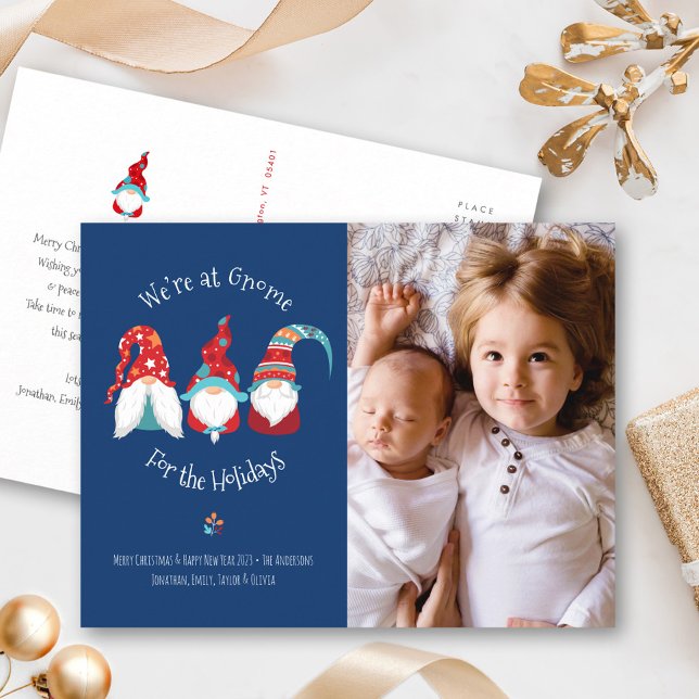 Gnome for Holidays Cute Fun Elf Custom Photo Blue Holiday Postcard (Creator Uploaded)
