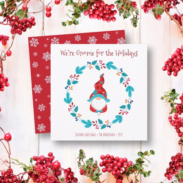 Gnome for Holidays Fun Cute Elf Floral Wreath Holiday Card (Creator Uploaded)