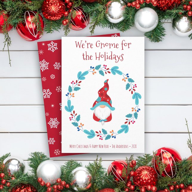 Gnome for Holidays Fun Cute Elf Floral Wreath Holiday Card (Creator Uploaded)