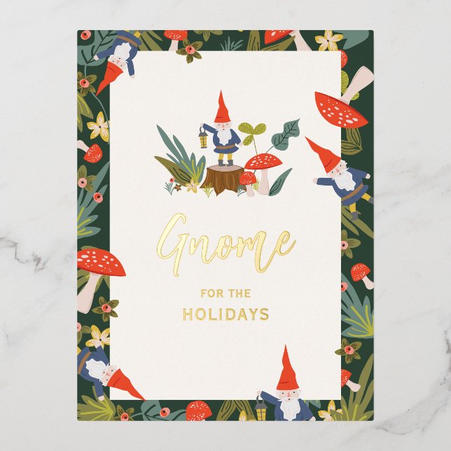 Gnome for the Holidays Gold Foil Holiday Postcard (Front)