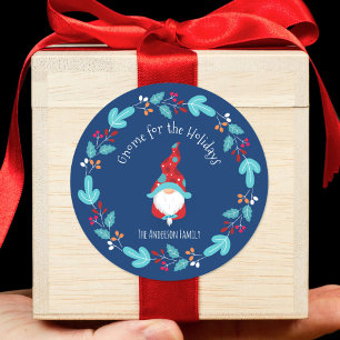 Gnome for the Holidays Modern Floral Wreath Blue Classic Round Sticker