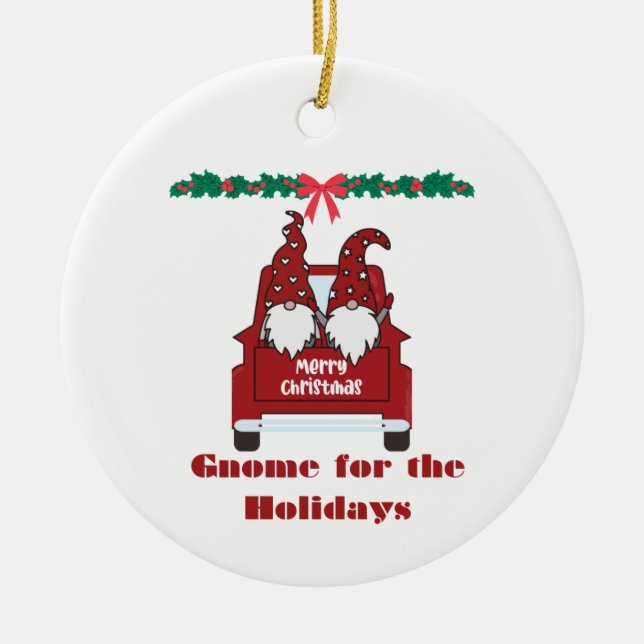 Gnome for the Holidays on a  Ceramic Tree Decoration (Front)