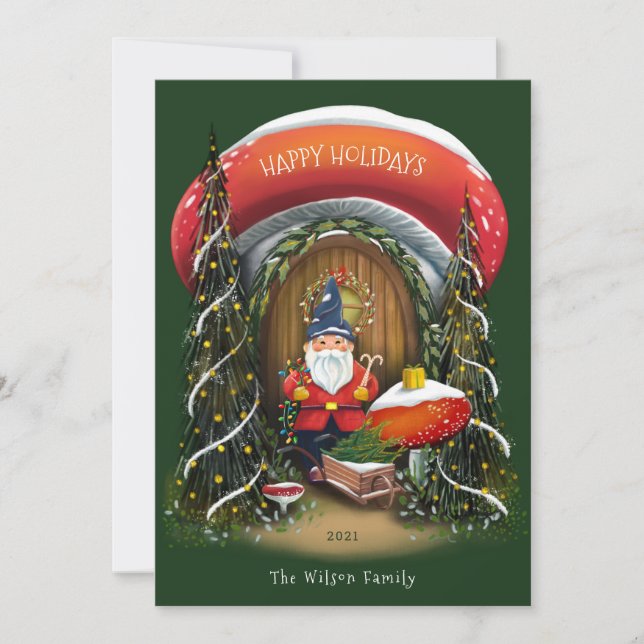 Gnome for the Holidays Red and Green Non-Photo Holiday Card (Front)