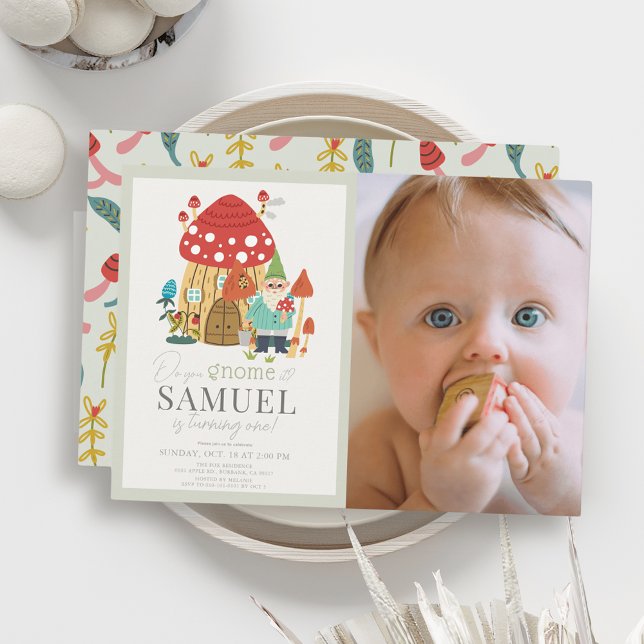Gnome Garden Mushroom Green 1st Birthday Photo Invitation (Creator Uploaded)