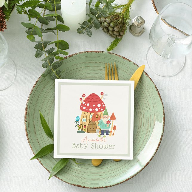 Gnome Garden Mushroom Green Boy Baby Shower Napkin (Creator Uploaded)