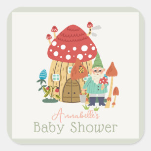 Gnome Garden Mushroom Green Boy Baby Shower Square Sticker
