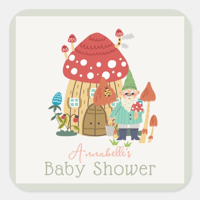 Gnome Garden Mushroom Green Boy Baby Shower Square Sticker (Front)