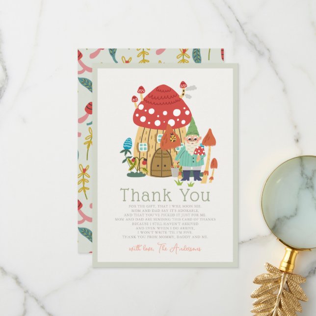 Gnome Garden Mushroom Green Boy Baby Shower Thank You Card (Front/Back In Situ)