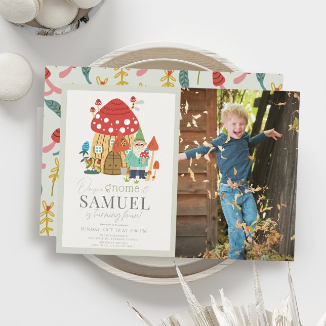 Gnome Garden Mushroom Green Kids Birthday Photo Invitation (Creator Uploaded)
