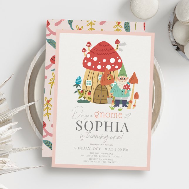 Gnome Garden Mushroom Pink 1st Birthday Invitation (Creator Uploaded)