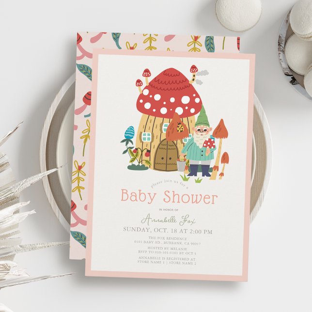 Gnome Garden Mushroom Pink Girl Baby Shower Invitation (Creator Uploaded)