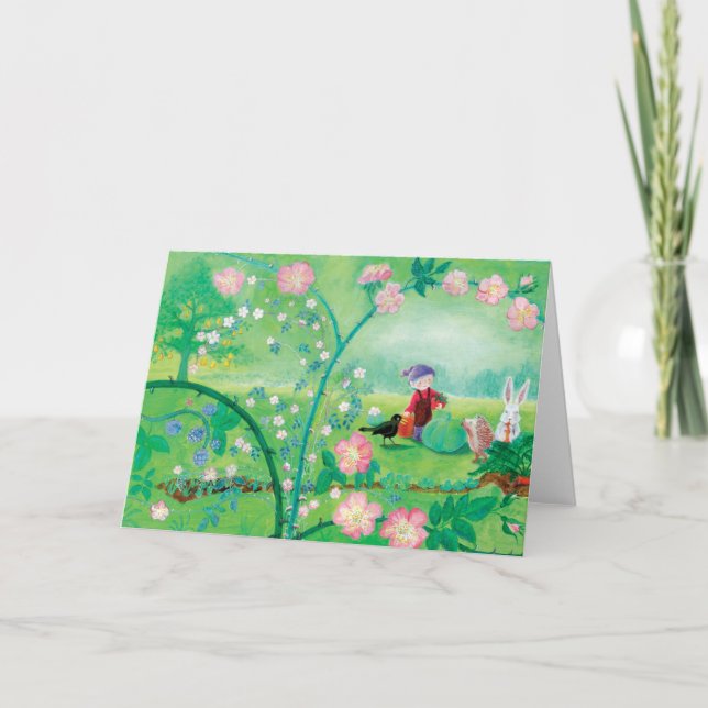 Gnome gardener, Blackbird, Hedgehog & white Rabbit Card (Front)