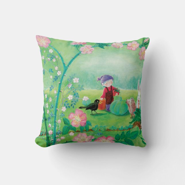Gnome gardener, Blackbird, Hedgehog & white Rabbit Cushion (Front)