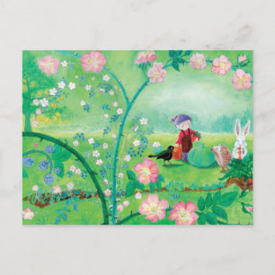 Gnome gardener, Blackbird, Hedgehog & white Rabbit Holiday Postcard