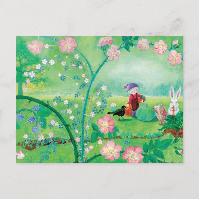 Gnome gardener, Blackbird, Hedgehog & white Rabbit Holiday Postcard (Front)