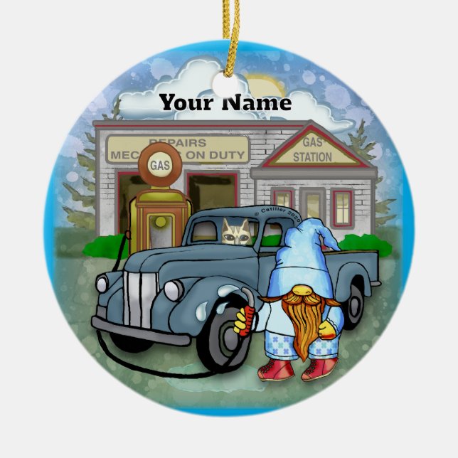 Gnome Gas Station Ceramic Tree Decoration (Front)