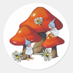 Gnome Girl on Toadstool, Daisies, Fantasy Art Classic Round Sticker