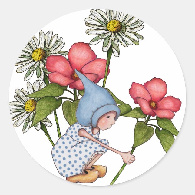 Gnome Girl Picking Flowers, Fanstasy Art Classic Round Sticker (Front)