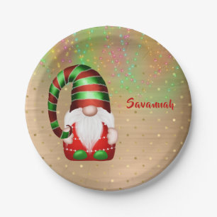 Gnome Gold Polka Dots Lights Christmas Paper Plate
