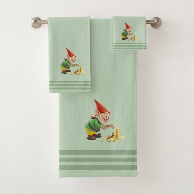 Gnome & Gold, Three Stripes on Light Laurel Green  Bath Towel Set (Insitu)