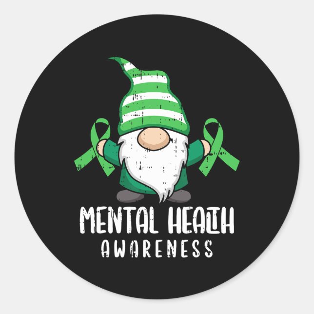 Gnome Green Ribbon Mental Health Awareness Warrior Classic Round Sticker (Front)