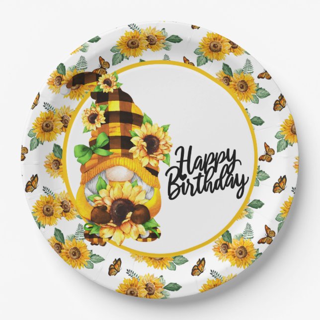 Gnome Happy Birthday Sunflower Paper Plate (Front)