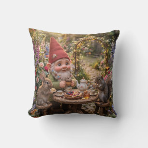 Gnome Having Tea Party with Bunny and Squirrel Cushion