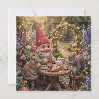 Gnome Having Tea Party with Bunny and Squirrel Holiday Card