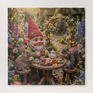 Gnome Having Tea Party with Bunny and Squirrel Jigsaw Puzzle
