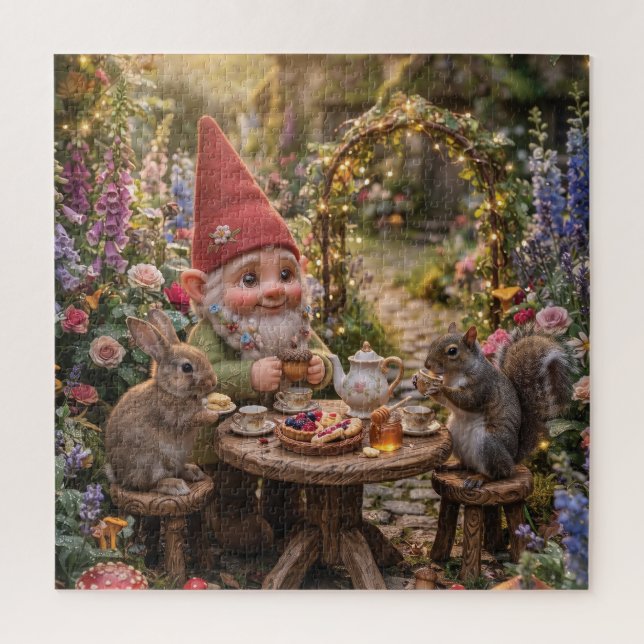 Gnome Having Tea Party with Bunny and Squirrel Jigsaw Puzzle (Vertical)